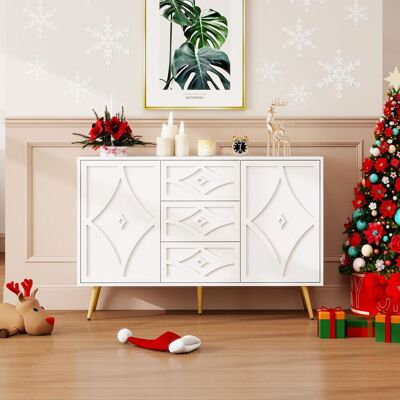 CHINGNIMON Commode Sideboard Blanc Motif Losange 3 Tiroirs 2 Portes – Pieds Or Design Moderne 120×40×80 Cm Salon Couloir Chambre - Publicité CHINGNIMON Commode Sideboard Blanc Motif Losange 3 Tiroirs 2 Portes – Pieds Or Design Moderne 120×40×80 Cm Salon Couloir Chambre - Publicité