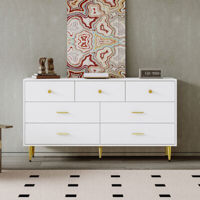 ACKERMAN Buffet Blanc, 7 Tiroirs, Poignées Dorées, Pieds Dorés, Glissières De Tiroirs Lisses, 140 X 35 X 76 Cm, Buffet De Salle À Manger, Meuble De Cuisine, Meuble De Rangement, Rehausseur, Commode - Publicité ACKERMAN Buffet Blanc, 7 Tiroirs, Poignées Dorées, Pieds Dorés, Glissières De Tiroirs Lisses, 140 X 35 X 76 Cm, Buffet De Salle À Manger, Meuble De Cuisine, Meuble De Rangement, Rehausseur, Commode - Publicité