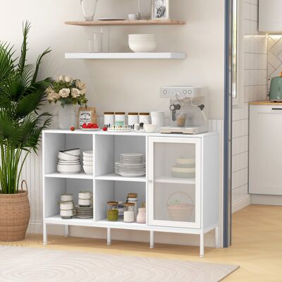 SANMINE HABITAT Buffet De Cuisine Blanc Avec Porte En Maille, 4 Compartiments Ouverts Et Étagère Réglable, 120 X 37 X 81,5 Cm - Publicité SANMINE HABITAT Buffet De Cuisine Blanc Avec Porte En Maille, 4 Compartiments Ouverts Et Étagère Réglable, 120 X 37 X 81,5 Cm - Publicité