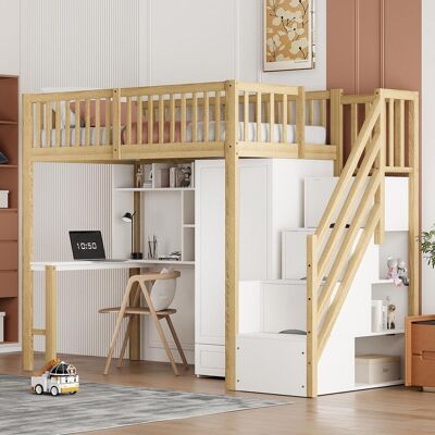 OEM Lit Mezzanine 90 X 200 Avec Grande Armoire, Étagère Et Table, Espace De Rangement, Escalier, Lit Multifonctionnel, Cadre De Lit En Bois, Coloris Bois - Publicité OEM Lit Mezzanine 90 X 200 Avec Grande Armoire, Étagère Et Table, Espace De Rangement, Escalier, Lit Multifonctionnel, Cadre De Lit En Bois, Coloris Bois - Publicité