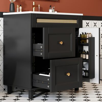 ACKERMAN Meuble Vasque De Salle De Bain Autonome 76x46x86,5cm, Rails De Tiroirs Doubles Silencieux, Portes D'Armoire Avec Fermeture Douce, Poignées Dorées Et Ornements En Rotin, Vasque En Céramique, Noir. Publicité ACKERMAN Meuble Vasque De Salle De Bain Autonome 76x46x86,5cm, Rails De Tiroirs Doubles Silencieux, Portes D'Armoire Avec Fermeture Douce, Poignées Dorées Et Ornements En Rotin, Vasque En Céramique, Noir. Publicité