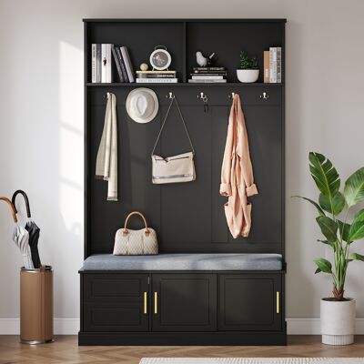 ACKERMAN Porte-manteau Avec Banc À Chaussures, Penderie, 6 Crochets Triples, Autoportant, Gain De Place, Pour Entrée, Couloir, Noir, 120×40×191cm - Publicité ACKERMAN Porte-manteau Avec Banc À Chaussures, Penderie, 6 Crochets Triples, Autoportant, Gain De Place, Pour Entrée, Couloir, Noir, 120×40×191cm - Publicité
