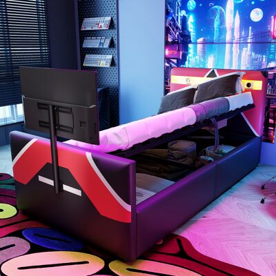 ACKERMAN Lit D'Enfant 90200 Style E-sport Avec Revêtement Pu À Blocs De Couleur, Éclairage Led À Changement De Couleurs, Coffre Hydraulique Et Support Tv Intégré, Lit Gaming Multifonctionnel - Publicité ACKERMAN Lit D'Enfant 90200 Style E-sport Avec Revêtement Pu À Blocs De Couleur, Éclairage Led À Changement De Couleurs, Coffre Hydraulique Et Support Tv Intégré, Lit Gaming Multifonctionnel - Publicité