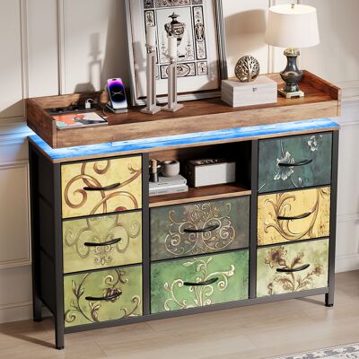 ADWOLT Commode Avec 8 Tiroirs En Tissu,armoire Avec Led Et Station De Recharge,cadre En Métal,100x30x82cm,tissu Floral - Publicité ADWOLT Commode Avec 8 Tiroirs En Tissu,armoire Avec Led Et Station De Recharge,cadre En Métal,100x30x82cm,tissu Floral - Publicité