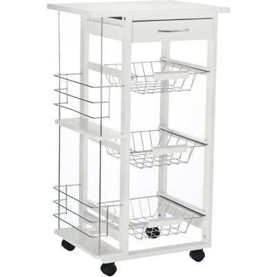 ARRIGONI Chariot De Service Desserte De Cuisine À Roulettes Multi-rangements 3 Paniers Métal Tiroir + 2 Range-bouteilles Bois Pin Blanc - Publicité ARRIGONI Chariot De Service Desserte De Cuisine À Roulettes Multi-rangements 3 Paniers Métal Tiroir + 2 Range-bouteilles Bois Pin Blanc - Publicité