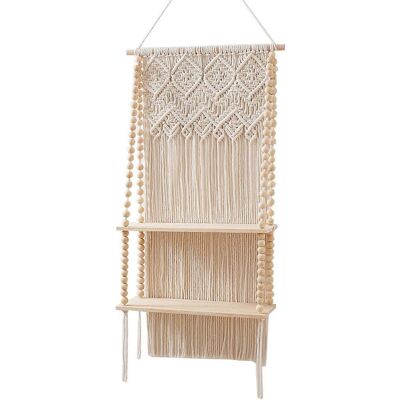 ALLAUVE Étagère Murale Bohème En Macramé À Pompons, Style Bohème, Avec Support Pour Plantes En Corde De Coton Tressée Et Étagères Flottantes En Bois. Publicité ALLAUVE Étagère Murale Bohème En Macramé À Pompons, Style Bohème, Avec Support Pour Plantes En Corde De Coton Tressée Et Étagères Flottantes En Bois. Publicité