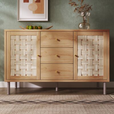 ACKERMAN Commode De Style Campagnard 120x40x75 Cm, Couleur Chêne, Avec 2 Portes, 3 Tiroirs, Étagères Réglables En Hauteur, Pieds En Métal, Dispositif Anti-basculement, Buffet Pour Salon, Couloir, Cuisine. Publicité ACKERMAN Commode De Style Campagnard 120x40x75 Cm, Couleur Chêne, Avec 2 Portes, 3 Tiroirs, Étagères Réglables En Hauteur, Pieds En Métal, Dispositif Anti-basculement, Buffet Pour Salon, Couloir, Cuisine. Publicité