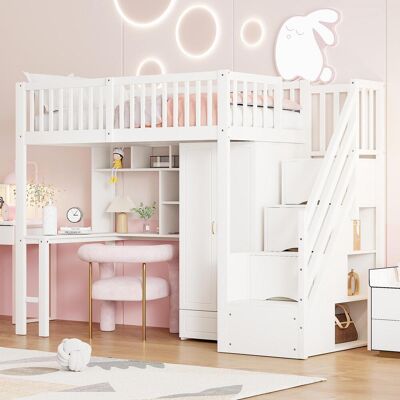 OEM Lit Mezzanine 90 X 200 Avec Grande Armoire, Étagère Et Table, Espace De Rangement, Escalier, Lit Multifonctionnel, Cadre De Lit En Bois, Blanc - Publicité OEM Lit Mezzanine 90 X 200 Avec Grande Armoire, Étagère Et Table, Espace De Rangement, Escalier, Lit Multifonctionnel, Cadre De Lit En Bois, Blanc - Publicité