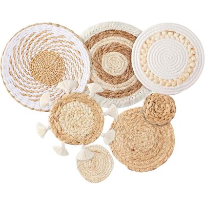 GRASSLIN Lot De 7 Paniers Muraux, Décoration Tissée En Paille, Style Bohème, Pour Salon, Chambre - Publicité GRASSLIN Lot De 7 Paniers Muraux, Décoration Tissée En Paille, Style Bohème, Pour Salon, Chambre - Publicité