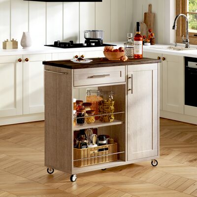 ACKERMAN Desserte De Cuisine Avec Plateau Effet Bois, Chariot De Cuisine Mobile Avec Tiroir, Armoire Et Étagères Ouvertes, Îlot De Cuisine Mobile Avec Porte-serviettes Et Roulettes Freinables, 90x62x90 Cm, Chê - Publicité ACKERMAN Desserte De Cuisine Avec Plateau Effet Bois, Chariot De Cuisine Mobile Avec Tiroir, Armoire Et Étagères Ouvertes, Îlot De Cuisine Mobile Avec Porte-serviettes Et Roulettes Freinables, 90x62x90 Cm, Chê - Publicité