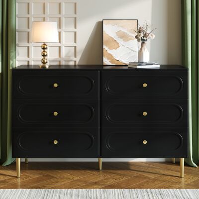 LEMONBEST Commode Noire 120x40x75 Cm Avec 6 Tiroirs, Motif Ovale, Poignées Et Pieds En Métal Doré Pour Chambre - Publicité LEMONBEST Commode Noire 120x40x75 Cm Avec 6 Tiroirs, Motif Ovale, Poignées Et Pieds En Métal Doré Pour Chambre - Publicité