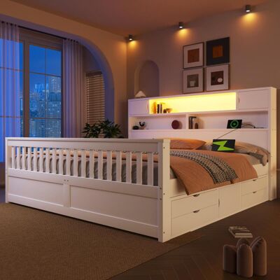 OEM Cadre De Lit Plateforme (180 X 200 Cm) Avec Étagères Et Compartiments De Rangement, Éclairage Led, Port Usb Et Quatre Tiroirs, Blanc - Publicité OEM Cadre De Lit Plateforme (180 X 200 Cm) Avec Étagères Et Compartiments De Rangement, Éclairage Led, Port Usb Et Quatre Tiroirs, Blanc - Publicité