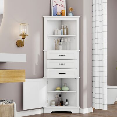 ACKERMAN Armoire D'Angle Pour Salle De Bain 57,7×46×167,5 Cm, Deux Compartiments De Rangement Ouverts, Trois Tiroirs, Une Armoire, Clayettes Réglables, Poignées Noires, Blanc. Publicité ACKERMAN Armoire D'Angle Pour Salle De Bain 57,7×46×167,5 Cm, Deux Compartiments De Rangement Ouverts, Trois Tiroirs, Une Armoire, Clayettes Réglables, Poignées Noires, Blanc. Publicité
