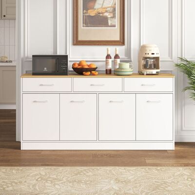 OEM Buffet De Cuisine Blanc Avec 3 Tiroirs Coulissants, Étagères Réglables Et Plan De Travail En Imitation Bois – Îlot Central 160 Cm (76,5 × 160 × 37 Cm) - Publicité OEM Buffet De Cuisine Blanc Avec 3 Tiroirs Coulissants, Étagères Réglables Et Plan De Travail En Imitation Bois – Îlot Central 160 Cm (76,5 × 160 × 37 Cm) - Publicité