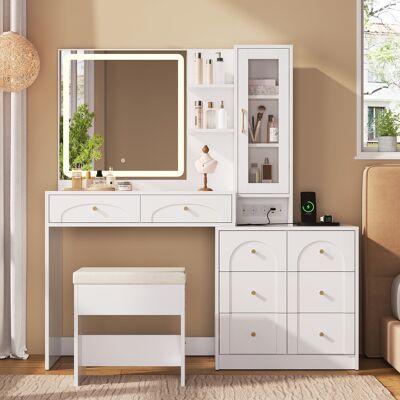 ACKERMAN Grande Coiffeuse Avec Miroir Led, Prise Électrique, 8 Tiroirs Et Tabouret – Coiffeuse Moderne Avec 2 Étagères Et 1 Vitrine, Offrant Un Grand Espace De Rangement Pour La Chambre, Blanche, 131,5 X 40 X - Publicité ACKERMAN Grande Coiffeuse Avec Miroir Led, Prise Électrique, 8 Tiroirs Et Tabouret – Coiffeuse Moderne Avec 2 Étagères Et 1 Vitrine, Offrant Un Grand Espace De Rangement Pour La Chambre, Blanche, 131,5 X 40 X - Publicité