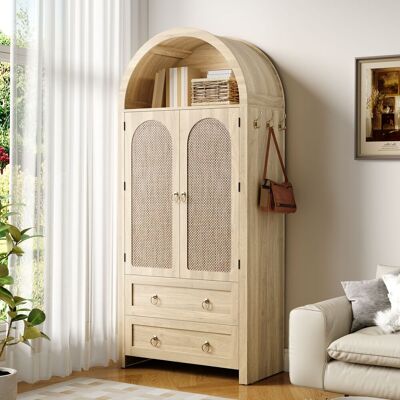 LEMONBEST Buffet Vintage 80x40x180 Cm, Meuble De Rangement Effet Chêne En Mdf Avec Portes En Rotin, 2 Tiroirs Et Crochets Latéraux - Publicité LEMONBEST Buffet Vintage 80x40x180 Cm, Meuble De Rangement Effet Chêne En Mdf Avec Portes En Rotin, 2 Tiroirs Et Crochets Latéraux - Publicité