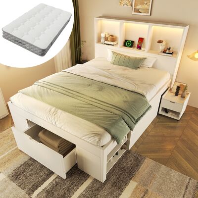 ACKERMAN Lit Fonctionnel Blanc 90x200 Cm Avec Espace De Rangement Et Table De Chevet Amovible (1 Pièce), Lit Simple En Bois Avec Éclairage Led, Port Usb-c, Lit Junior Avec Tiroirs Et Étagères, Matelas Inclus - Publicité ACKERMAN Lit Fonctionnel Blanc 90x200 Cm Avec Espace De Rangement Et Table De Chevet Amovible (1 Pièce), Lit Simple En Bois Avec Éclairage Led, Port Usb-c, Lit Junior Avec Tiroirs Et Étagères, Matelas Inclus - Publicité