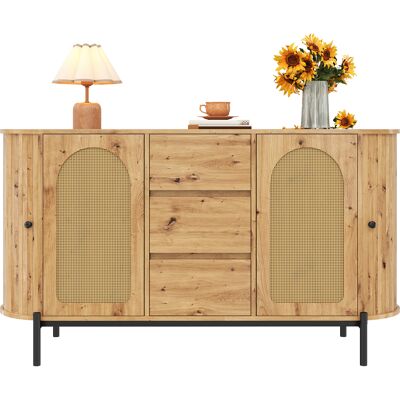 ACKERMAN Buffet Ovale En Rotin, Portes Coulissantes, Tiroirs, Compartiments Réglables, Aspect Bois, Pieds En Métal, Meuble De Rangement Multifonctionnel - Publicité ACKERMAN Buffet Ovale En Rotin, Portes Coulissantes, Tiroirs, Compartiments Réglables, Aspect Bois, Pieds En Métal, Meuble De Rangement Multifonctionnel - Publicité