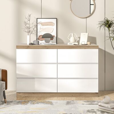 DEVOKO Commode Avec 6 Tiroirs, Casier, Fonction De Rangement, Chambre Et Salon, Panneau E1 En Carton Compressé, Blanc+chêne - Publicité DEVOKO Commode Avec 6 Tiroirs, Casier, Fonction De Rangement, Chambre Et Salon, Panneau E1 En Carton Compressé, Blanc+chêne - Publicité