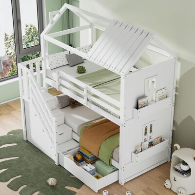 OEM Lit Superposé Enfant, 90 X 200 Cm, Lit Enfant Multifonctionnel Avec Escalier De Rangement, Tiroirs Et Étagères, Très Grand Espace De Rangement, Matelas Non Inclus, Pin Et Mdf, Blanc - Publicité OEM Lit Superposé Enfant, 90 X 200 Cm, Lit Enfant Multifonctionnel Avec Escalier De Rangement, Tiroirs Et Étagères, Très Grand Espace De Rangement, Matelas Non Inclus, Pin Et Mdf, Blanc - Publicité