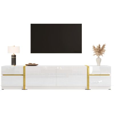 ACKERMAN Meuble Tv Luxueux, Finition Brillante, Bords Dorés, Avec Tiroirs Et Portes, Style Moderne, Offrant Un Grand Espace De Rangement Pour Le Salon. Publicité ACKERMAN Meuble Tv Luxueux, Finition Brillante, Bords Dorés, Avec Tiroirs Et Portes, Style Moderne, Offrant Un Grand Espace De Rangement Pour Le Salon. Publicité
