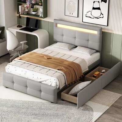 OEM Lit Rembourré 90200cm Avec Lumières Led, 2 Tiroirs, Revêtement En Lin Doux Pour La Peau, Lit Simple Plat, Lit Enfant, Lit Jeune, Lit D'Appoint (gris) - Publicité OEM Lit Rembourré 90200cm Avec Lumières Led, 2 Tiroirs, Revêtement En Lin Doux Pour La Peau, Lit Simple Plat, Lit Enfant, Lit Jeune, Lit D'Appoint (gris) - Publicité