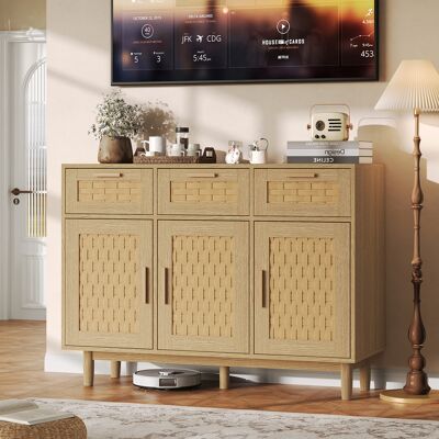 SUREH Buffet En Rotin Avec 3 Tiroirs Et 3 Portes,108x40x80cm Meuble De Rangement En Cannag, Commode En Tiroirs Avec Pieds En Bois,buffet De Rangement Pour Salle À Manger, Entrée,cuisine,chêne - Publicité SUREH Buffet En Rotin Avec 3 Tiroirs Et 3 Portes,108x40x80cm Meuble De Rangement En Cannag, Commode En Tiroirs Avec Pieds En Bois,buffet De Rangement Pour Salle À Manger, Entrée,cuisine,chêne - Publicité