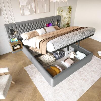 OEM , Ensemble De Chambre À Coucher, Lit Rembourré Avec Rangement Hydraulique, Lit Double 160x200cm Avec 2 Tables De Chevet, Lampe De Lecture De Tête De Lit Avec Fonction De Chargement Usb, Gris... Publicité OEM , Ensemble De Chambre À Coucher, Lit Rembourré Avec Rangement Hydraulique, Lit Double 160x200cm Avec 2 Tables De Chevet, Lampe De Lecture De Tête De Lit Avec Fonction De Chargement Usb, Gris... Publicité