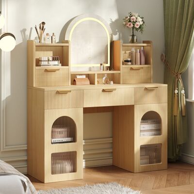 ACKERMAN Grande Coiffeuse Avec Éclairage Led Et Miroir – Table De Maquillage Avec 3 Tiroirs, 2 Vitrines Et Étagères, Pour La Chambre, Couleur Bois, 120 X 40 X 139,5 Cm - Publicité ACKERMAN Grande Coiffeuse Avec Éclairage Led Et Miroir – Table De Maquillage Avec 3 Tiroirs, 2 Vitrines Et Étagères, Pour La Chambre, Couleur Bois, 120 X 40 X 139,5 Cm - Publicité