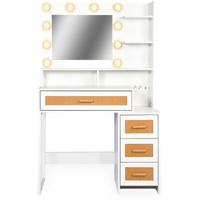 MENZZO Coiffeuse 4 Tiroirs Et Miroir Led 3 Couleurs Miraclas L92cm Bois Blanc Et Rotin - Publicité MENZZO Coiffeuse 4 Tiroirs Et Miroir Led 3 Couleurs Miraclas L92cm Bois Blanc Et Rotin - Publicité