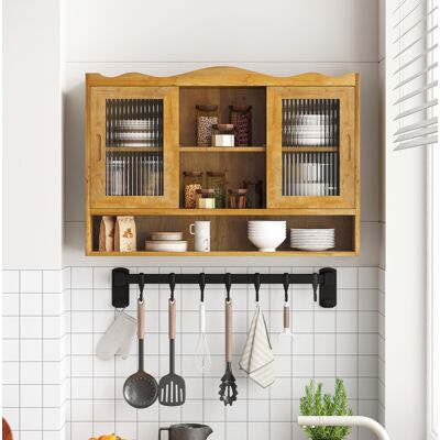 BEAOK Armoire Murale En Bois Massif Et Verre Naturel 90 X 20 X 60 Cm Avec 2 Portes Coulissantes Et 3 Niveaux - Publicité BEAOK Armoire Murale En Bois Massif Et Verre Naturel 90 X 20 X 60 Cm Avec 2 Portes Coulissantes Et 3 Niveaux - Publicité