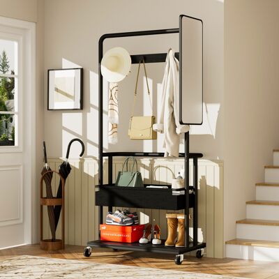 MIDUODUO Porte-linge Métal Robuste 3-en-1 Panier Miroir Roues Mobile Spacieux Salon Chambre 7040170cm Noir. Publicité MIDUODUO Porte-linge Métal Robuste 3-en-1 Panier Miroir Roues Mobile Spacieux Salon Chambre 7040170cm Noir. Publicité