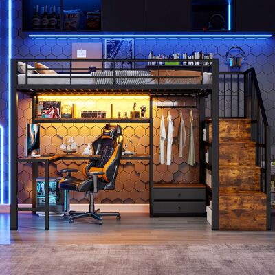LEMONBEST Lit Mezzanine 90x200 Cm Avec Led, 2 Tiroirs, Bureau, Échelle De Rangement, Grille Pour Suspendre Des Objets, Structure Métal, Noir - Publicité LEMONBEST Lit Mezzanine 90x200 Cm Avec Led, 2 Tiroirs, Bureau, Échelle De Rangement, Grille Pour Suspendre Des Objets, Structure Métal, Noir - Publicité