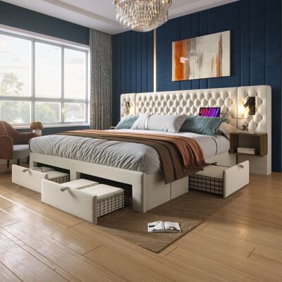 ACKERMAN Ensemble De Chambre À Coucher, Lit Double Capitonné 160×200 Cm Avec 2 Tables De Chevet Et 4 Tiroirs, Lampe De Lecture De Tête De Lit Avec Fonction De Chargement Usb, Beige, Velours (matelas Non Inclus - Publicité ACKERMAN Ensemble De Chambre À Coucher, Lit Double Capitonné 160×200 Cm Avec 2 Tables De Chevet Et 4 Tiroirs, Lampe De Lecture De Tête De Lit Avec Fonction De Chargement Usb, Beige, Velours (matelas Non Inclus - Publicité