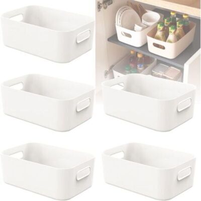 URSUS Lot De 5 Petites Boîtes De Rangement En Plastique Blanc Avec Poignée, Paniers De Rangement Pour Étagères, Cuisine, Bureau, Réfrigérateur, Salle De Bain Et Maison – 20,5 X 14 X 7 Cm - Publicité URSUS Lot De 5 Petites Boîtes De Rangement En Plastique Blanc Avec Poignée, Paniers De Rangement Pour Étagères, Cuisine, Bureau, Réfrigérateur, Salle De Bain Et Maison – 20,5 X 14 X 7 Cm - Publicité