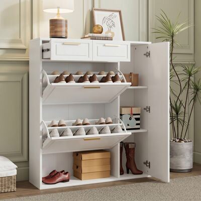 ACKERMAN Meuble À Chaussures Moderne Avec Étagères Réglables, Poignées Dorées, Tiroirs, Compartiment À Chaussures Rabattable Et Portes, Blanc, L 95/p 24/h 107,5 - Publicité ACKERMAN Meuble À Chaussures Moderne Avec Étagères Réglables, Poignées Dorées, Tiroirs, Compartiment À Chaussures Rabattable Et Portes, Blanc, L 95/p 24/h 107,5 - Publicité
