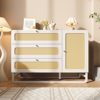 ABAISAN Commode 120x85cm - 3 Tiroirs Et 2 Portes - Design Rotin - Étagère Réglable - Pieds Métal - Coins Arrondis - Capacité 80kg - Blanc - Publicité ABAISAN Commode 120x85cm - 3 Tiroirs Et 2 Portes - Design Rotin - Étagère Réglable - Pieds Métal - Coins Arrondis - Capacité 80kg - Blanc - Publicité