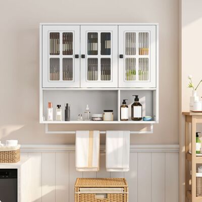 ACKERMAN Bathroom Wall Cabinet, 3-door Wooden Wall Cabinet With Open And Hidden Storage Space, Medicine Cabinet With Glass Door And Towel Bar For Entryway Living Room Bathroom Dining Room,white - Publicité ACKERMAN Bathroom Wall Cabinet, 3-door Wooden Wall Cabinet With Open And Hidden Storage Space, Medicine Cabinet With Glass Door And Towel Bar For Entryway Living Room Bathroom Dining Room,white - Publicité