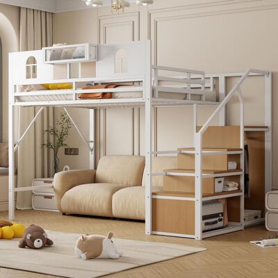 OEM , Lit Mezzanine En Métal 140x200cm, Avec Échelle De Rangement, Fenêtre, Panneaux En Bois Et Tissu Mesh, Rambarde Surélevée Originale, Étagère De Rangement Près Du Lit... Publicité OEM , Lit Mezzanine En Métal 140x200cm, Avec Échelle De Rangement, Fenêtre, Panneaux En Bois Et Tissu Mesh, Rambarde Surélevée Originale, Étagère De Rangement Près Du Lit... Publicité