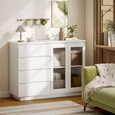 OEM Buffet Salon Meuble De Rangement 4 Tiroirs 2 Portes Verre Trempé Étagère Réglable 120x40x91cm Blanc - Publicité OEM Buffet Salon Meuble De Rangement 4 Tiroirs 2 Portes Verre Trempé Étagère Réglable 120x40x91cm Blanc - Publicité