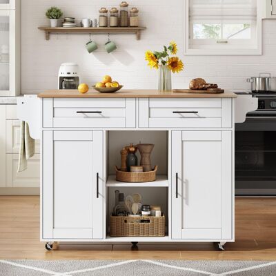 LEMONBEST Buffet 145x45x94 Cm Avec Plan Rabattable 5 Roulettes Îlot Cuisine Mobile Avec Tiroir À Couverts Dissimulé Mdf Blanc - Publicité LEMONBEST Buffet 145x45x94 Cm Avec Plan Rabattable 5 Roulettes Îlot Cuisine Mobile Avec Tiroir À Couverts Dissimulé Mdf Blanc - Publicité