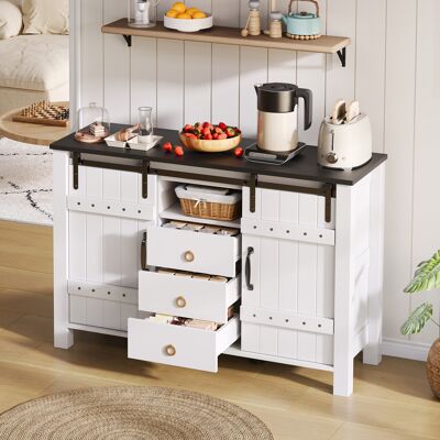 ACKERMAN Buffet Avec Espace De Rangement, Meuble D'Appoint De 120 Cm De Large Avec Portes Coulissantes Et 3 Tiroirs, Style Rustique En Bois, Idéal Pour La Cuisine, La Salle À Manger Et Le Salon, Blanc. Publicité ACKERMAN Buffet Avec Espace De Rangement, Meuble D'Appoint De 120 Cm De Large Avec Portes Coulissantes Et 3 Tiroirs, Style Rustique En Bois, Idéal Pour La Cuisine, La Salle À Manger Et Le Salon, Blanc. Publicité