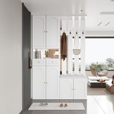 ACKERMAN Ensemble Armoire, Armoire Murale Ensemble Armoire Avec Banc À Chaussures Et Étagère À Chaussures, 4 Crochets, 6 Portes, 2 Tiroirs, Mobilier D'Entrée Blanc (l110×h180×p37cm) - Publicité ACKERMAN Ensemble Armoire, Armoire Murale Ensemble Armoire Avec Banc À Chaussures Et Étagère À Chaussures, 4 Crochets, 6 Portes, 2 Tiroirs, Mobilier D'Entrée Blanc (l110×h180×p37cm) - Publicité