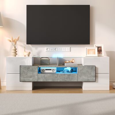 LEMONBEST Meuble Tv Led Multicolore 145cm Meuble Bas Salon Avec Plateau En Verre, 6 Portes, 2 Tiroirs, 3 Niches - Blanc Brillant + Effet Béton - Publicité LEMONBEST Meuble Tv Led Multicolore 145cm Meuble Bas Salon Avec Plateau En Verre, 6 Portes, 2 Tiroirs, 3 Niches - Blanc Brillant + Effet Béton - Publicité