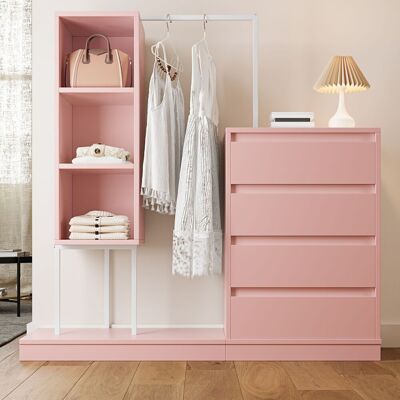 ALLAUVE Armoire De Rangement Rose Avec Tiroirs, Penderie Et Barre De Suspension, Buffet, Dimensions : L140 X P40 X H135 Cm - Publicité ALLAUVE Armoire De Rangement Rose Avec Tiroirs, Penderie Et Barre De Suspension, Buffet, Dimensions : L140 X P40 X H135 Cm - Publicité