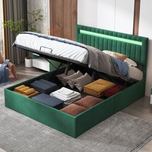 DANS LES NUAGES Lit coffre 140x190 cm, avec éclairage LED orientable, tête de lit verticale texturée, coffre hydraulique, velours, sommier à lattes - Vert - Publicité DANS LES NUAGES Lit coffre 140x190 cm, avec éclairage LED orientable, tête de lit verticale texturée, coffre hydraulique, velours, sommier à lattes - Vert - Publicité