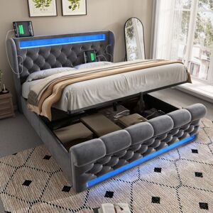 OKWISH Lit Coffre 140x190 Cm Avec Led, Tête De Lit Avec Ports Usb Et Type-c, En Velours, Gris, Sans Matelas - Publicité OKWISH Lit Coffre 140x190 Cm Avec Led, Tête De Lit Avec Ports Usb Et Type-c, En Velours, Gris, Sans Matelas - Publicité