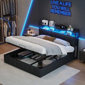 FORTUNA LAI Lit coffre 140x190 cm avec sommier, lit double adulte, Éclairage LED, tête de lit ouverte, rangement, 2 ports USB/C, structure métallique - PU - Noir - Publicité FORTUNA LAI Lit coffre 140x190 cm avec sommier, lit double adulte, Éclairage LED, tête de lit ouverte, rangement, 2 ports USB/C, structure métallique - PU - Noir - Publicité