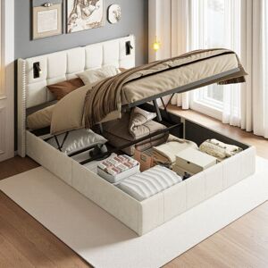 DANS LES NUAGES Lit coffre 140x190 cm, avec liseuse, rangement hydraulique, velours, sommier à lattes, adapté aux adolescents et adultes - Beige - Publicité DANS LES NUAGES Lit coffre 140x190 cm, avec liseuse, rangement hydraulique, velours, sommier à lattes, adapté aux adolescents et adultes - Beige - Publicité