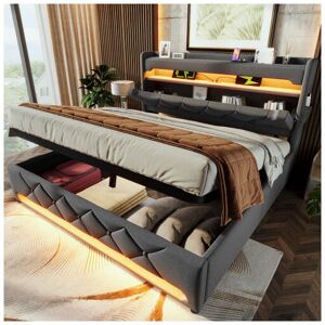 OKWISH Lit Coffre 140x200 Cm, Lit Double Adulte, Lit Moelleux Avec Rangement, Prise Usb Et Éclairage Led, Tissu En Lin, Gris, Sans Matelas - Publicité OKWISH Lit Coffre 140x200 Cm, Lit Double Adulte, Lit Moelleux Avec Rangement, Prise Usb Et Éclairage Led, Tissu En Lin, Gris, Sans Matelas - Publicité